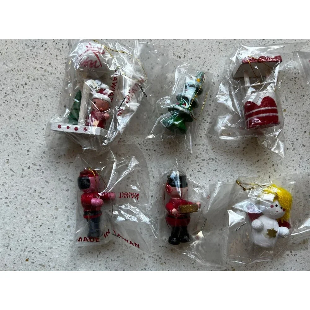 20 Vintage Wooden Christmas Trees Ornaments Taiwan Original Wrapping Santa